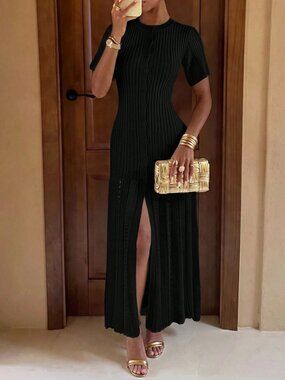 Black Elegant Women's Button Knit Short Sleeve Fishtail Skirt
